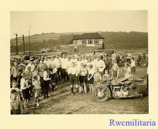 Best Wehrmacht Troops W/ Kids By Stopped Motorcycles In Field; 1939