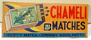 Vintage Advertise Tin Sign Matchbox Chameli Brand Graphics Rare Collectible F