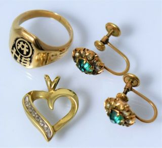 Antique Vtg 10k Gold 8.  8gram Class Ring Diamond Heart Earring 