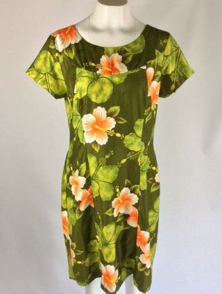 Ui Maikai Hawaiian Hibiscus Vintage Dress Short Sleeves Green Orange Size 16