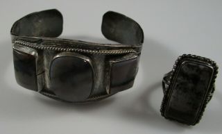 Cuff Bracelet & Ring Southwest Petrified Wood Vintage Silver Native 48.  3 Grams