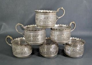 Art Nouveau German Wmf Silver - Plate Brass Tea Glass Cup Holder Coaster Set Of 6