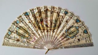 Fine Antique 19th Century French Mother Of Pearl & Jewelled Signed Silk Fan