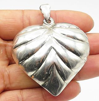 925 Sterling Silver - Vintage Ribbed Detail Puffy Love Heart Drop Pendant - P5849