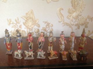 Rare Vintage India Hand Painted Carved Wood 15 Miniature Hindu God Figures Dogs