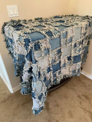 Vintage Denim Flannel Quilt Rag Quilt Handmade Blanket Applique 64”x52” Heavy