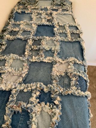 Vintage Denim Flannel Quilt Rag Quilt Handmade Blanket Applique 64”x52” Heavy 2