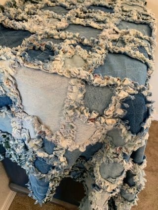 Vintage Denim Flannel Quilt Rag Quilt Handmade Blanket Applique 64”x52” Heavy 3