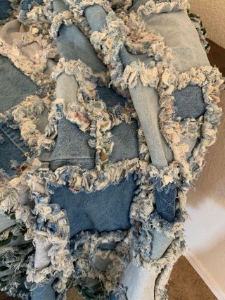 Vintage Denim Flannel Quilt Rag Quilt Handmade Blanket Applique 64”x52” Heavy 4