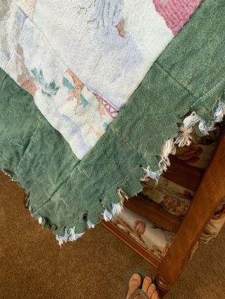 Vintage Denim Flannel Quilt Rag Quilt Handmade Blanket Applique 64”x52” Heavy 8