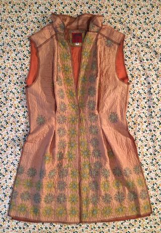 Mieko Mintz Kantha Vintage Silk 2 Layer Floral Embroidered Long Panel Vest