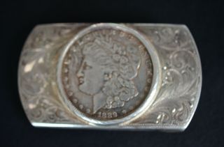 Vintage Style Engraved Sterling Silver Belt Buckle W/ 1889 Morgan Dollar