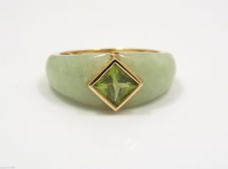 Vintage 14k Yellow Gold,  Jadeite Jade & Peridot Ring,  7,  Made In China