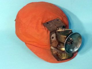 Vintage Miners Coal Mining Cloth Hat And Justrite Carbide Light Lamp Attached