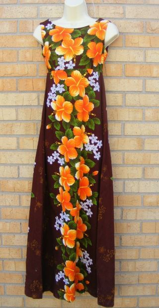 Ui Maikai Vintage Hawaiian Aloha Barkcloth Maxi Tank Dress Floral Small 32 " B