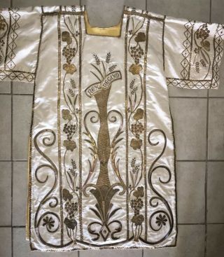 Antique Vtg Vestment Priest Deacon Silk Robe Embroidered Gold Dalmatic Rex Regum