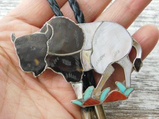 Vtg Old Pawn Zuni Sterling Silver Turquoise American Bison Buffalo Bolo Tie