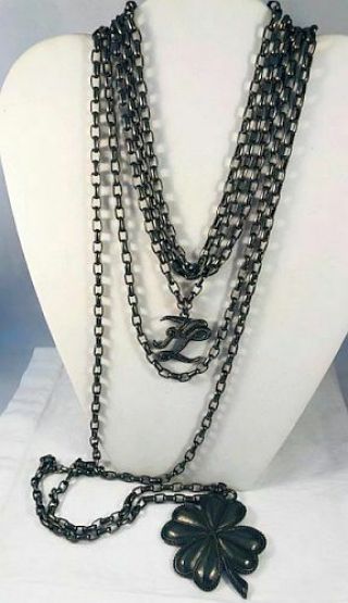 Rare Vntg.  Karl Lagerfeld Gunmetal Multi - Chain Necklace W/ Clover & Kl Pendants
