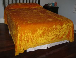 Vintage Gold Crushed Velvet Bedspread Coverlet W/fringe Full Double Groovy Retro