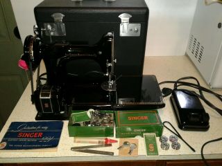 Vintage 1957 Singer 221 Featherweight Sewing Machine W/case & Acessories -.