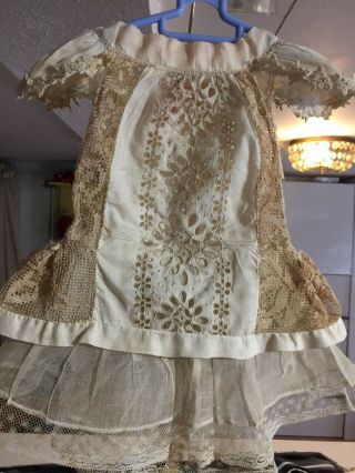 Antique Cotton Dress For French Doll Jumeau Steiner Bru Antique Lace Size 7 - 9