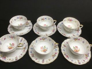 Franconia Krautheim Dresden Flowers Set Of 6 Teacups Cups & Saucers Vintage