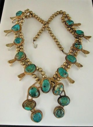 Vintage Large Navajo Sterling Silver & Turquoise Squash Blossom Necklace