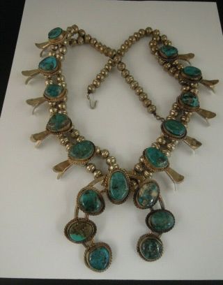Vintage Large Navajo Sterling Silver & Turquoise Squash Blossom Necklace 7