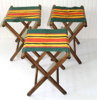 Set 3 Vintage Retro Folding Stool Chair Camping Fishing Stripe Canvas Wood Sweet