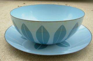 Vintage Cathrineholm 9 1/2 " French Blue Enamel Lotus Salad Bowl & 12 " Plate