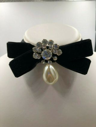 Vtg Black Velvet Bow Choker Necklace Sparkling French Paste Baroque Pearl Elegan
