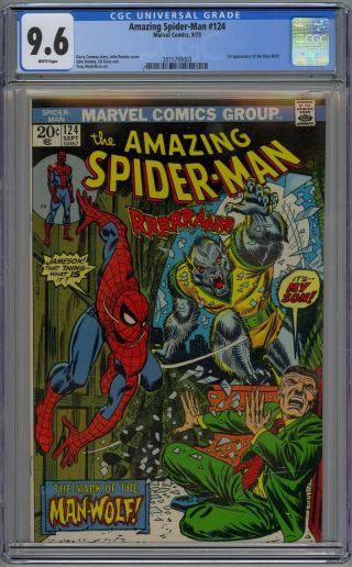 Spider - Man 124 Cgc 9.  6 Nm,  Wp 1st Man - Wolf Marvel 1973 Rare White Pages