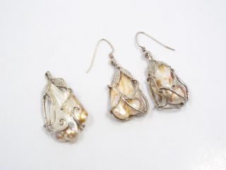 Vtg Artisan Silver Leaf Design & Freshwater Biwa Pearls Pendant & Earring Set