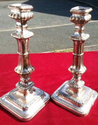 Great Antique Silver Plate On Copper Candlesticks 12 " Tall X 5 " Base.