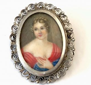 Antique Silver Filigree Hand Painted Miniature Signed Portrait Brooch Pin