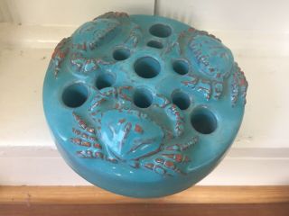 Vintage Faience California Pottery Flower Frog Turquoise Crab Vase Round