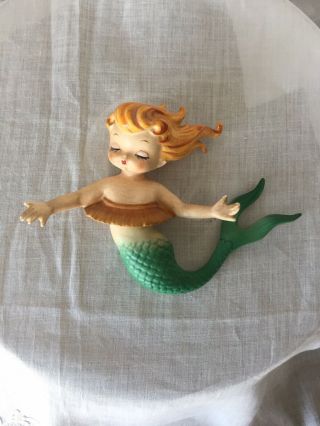 Ceramic Mermaid Merbaby Green Tan Ruffled Blouse Top Wall Plaque Figure Vintage