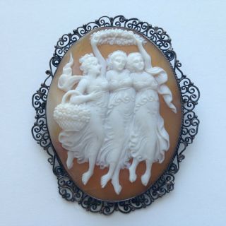 Vintage Antique Cameo Exquisite Shell Carving Silver Patina Filigree Pin Brooch