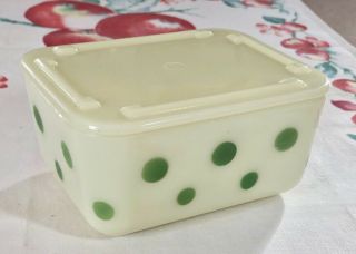 Vintage Mckee Green Dots On Custard 4 X 5 Refrigerator Dish & Lid 2