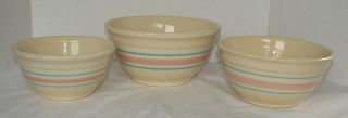(3) Vintage Mccoy Pottery Pink Blue Stripe Nesting Bowls Usa 8 " 7 " 6 " Ovenproof