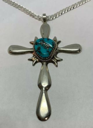 Pre Owned Vintage 925 Sterling Silver Mike Chee Navajo Turquoise Cross Pendant