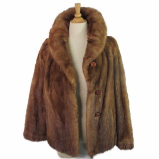 Vintage Fur Salon Mink Coat Real Brown Fur Collar Swing Stroller Jacket Warm