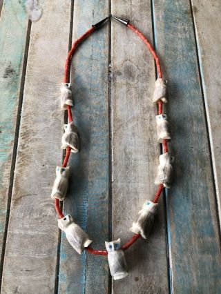 Vintage Native American Handmade Owl Fetish Necklace Antler/turquoise/coral
