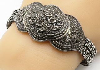 Bali 925 Sterling Silver - Vintage Flower Detailed Ornate Chain Bracelet - B4419