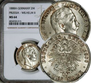 Ngc Ms - 64 Prussia Germany Silver 2 Mark 1888 (wilhelm - Ii) Rare & Sought After