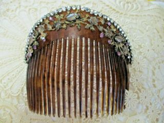 Antique French Hair Comb Faux Tortoiseshell Pronged Rhine Stones And Scarabs