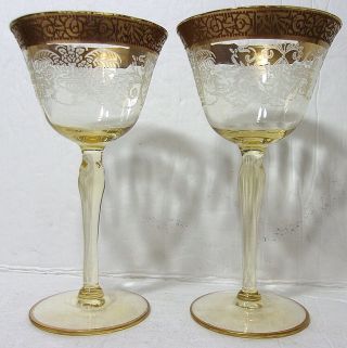 Vtg (2) Victorian Fostoria Gold Rim Crystal Etch Ribbed Amber Cordial Wine Glass