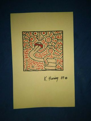 1989 And Rare Keith Haring Marker Drawing In Old Paper Artwork Signed
