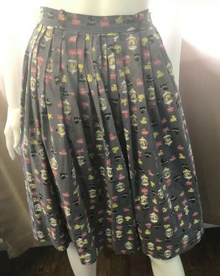 Vintage 1950s Novelty Print Circle Skirt High Waist Pleats Cats Birds Black Pink
