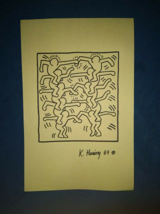 1987 And Rare Keith Haring Marker Drawing In Old Paper Artwork Signed